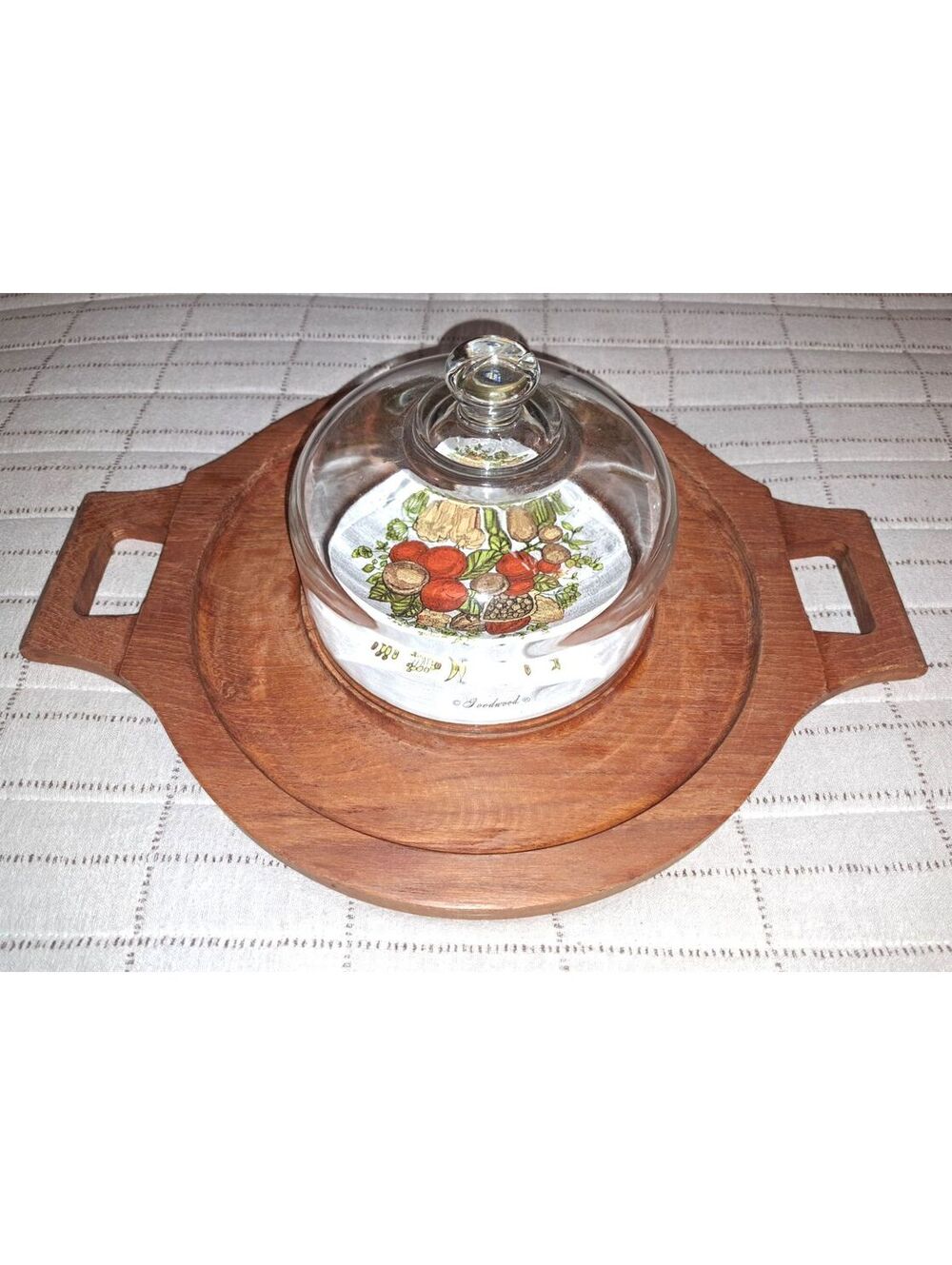 Vintage Goodwood Corning "Spice of Life" Inlay Teak Wood Cheese Dish w Dome